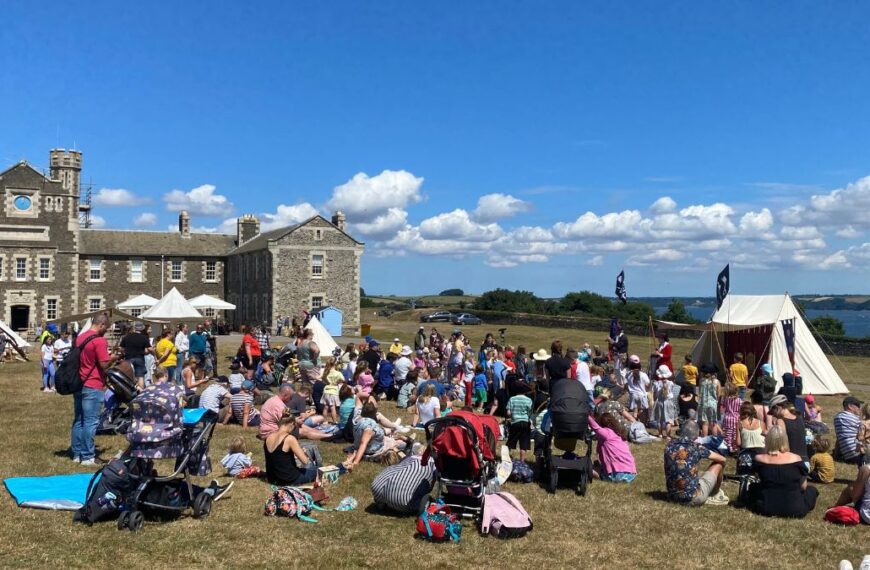 Pendennis Castle in Falmouth, Cornwall, perched on a clifftop with stunning coastal views and lush green surroundings.