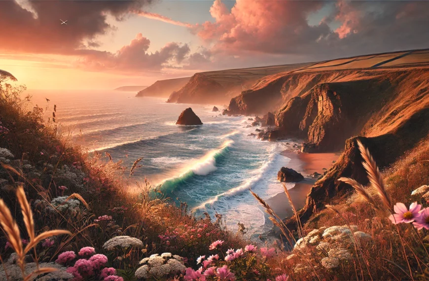 A serene clifftop view overlooking the rugged Cornish coastline at sunset, with vibrant orange and pink hues in the sky and waves crashing below.