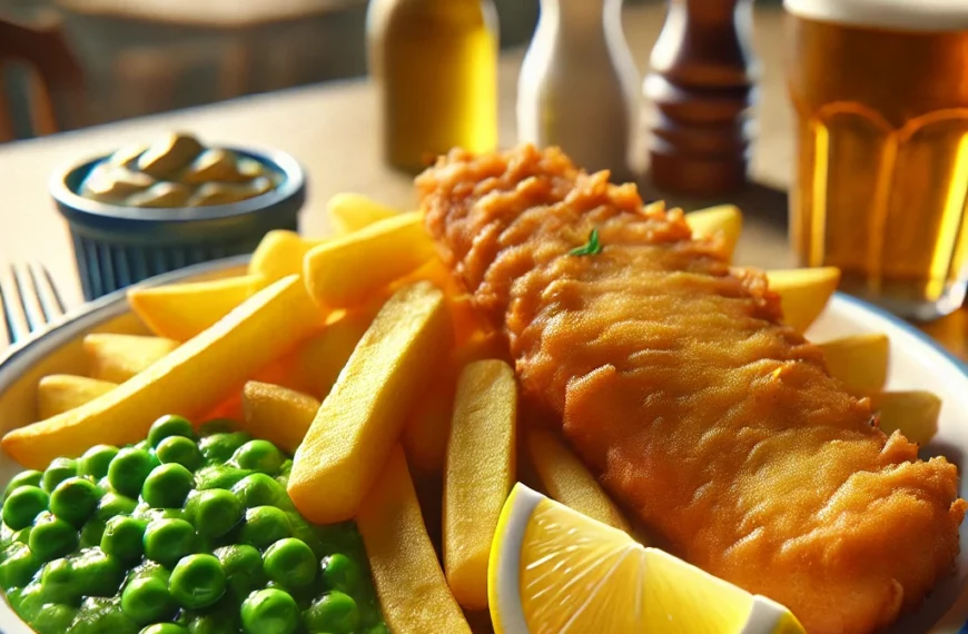Golden-battered fish and crispy chips with mushy peas, a slice of lemon, and tartar sauce, representing a classic affordable meal in Falmouth.