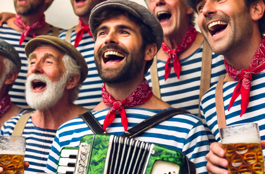 A close-up of sea shanty singers wearing striped shirts and fisherman's caps, singing passionately in a blurred setting.